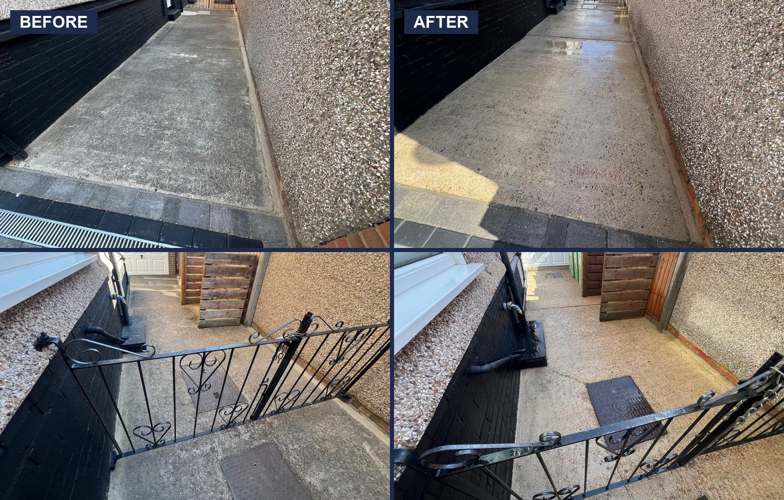 Before and after comparison of a side alley and gated passage cleaned by Bexley Power Washing
