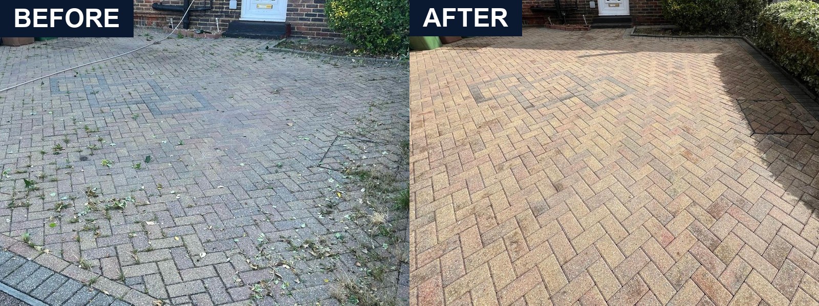 Before and after comparison of a herringbone block paving driveway cleaned by Bexley Power Washing