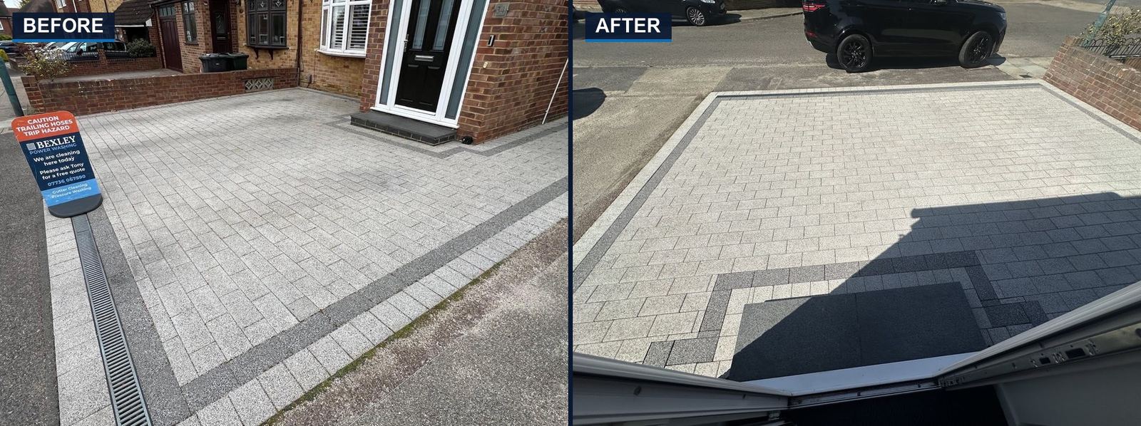 Before and after comparison of a silver and charcoal block paving driveway cleaned by Bexley Power Washing