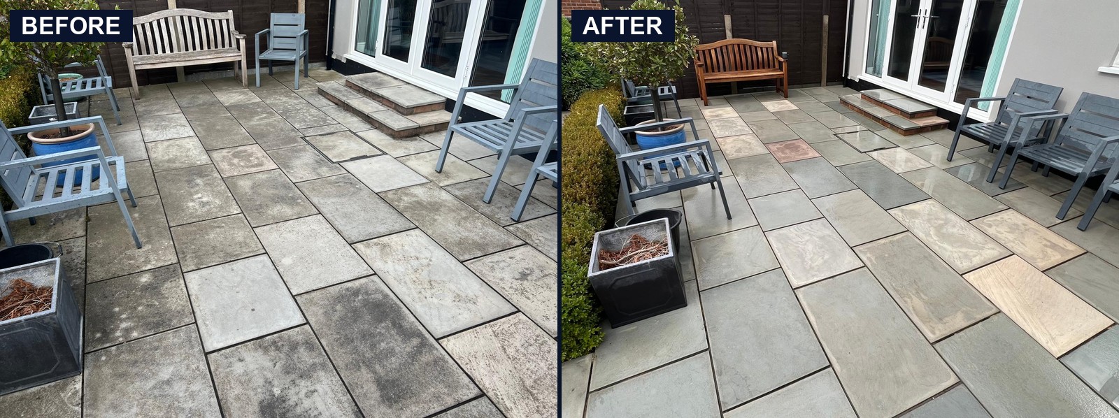 Before and after comparison of a large sandstone patio cleaned by Bexley Power Washing